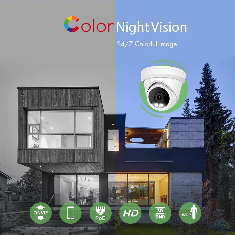 16CH PoE IP Camera System with 8*4K Night ColorVu Turret Cameras, 4TB HDD