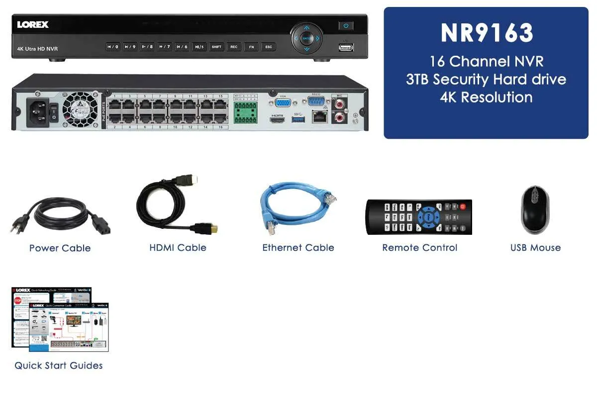 4K Ultra HD 16 Channel Security NVR, 3TB Hard Drive, POE, Records 4K (4 x 1080p) at 30FPS, with Audio Recording