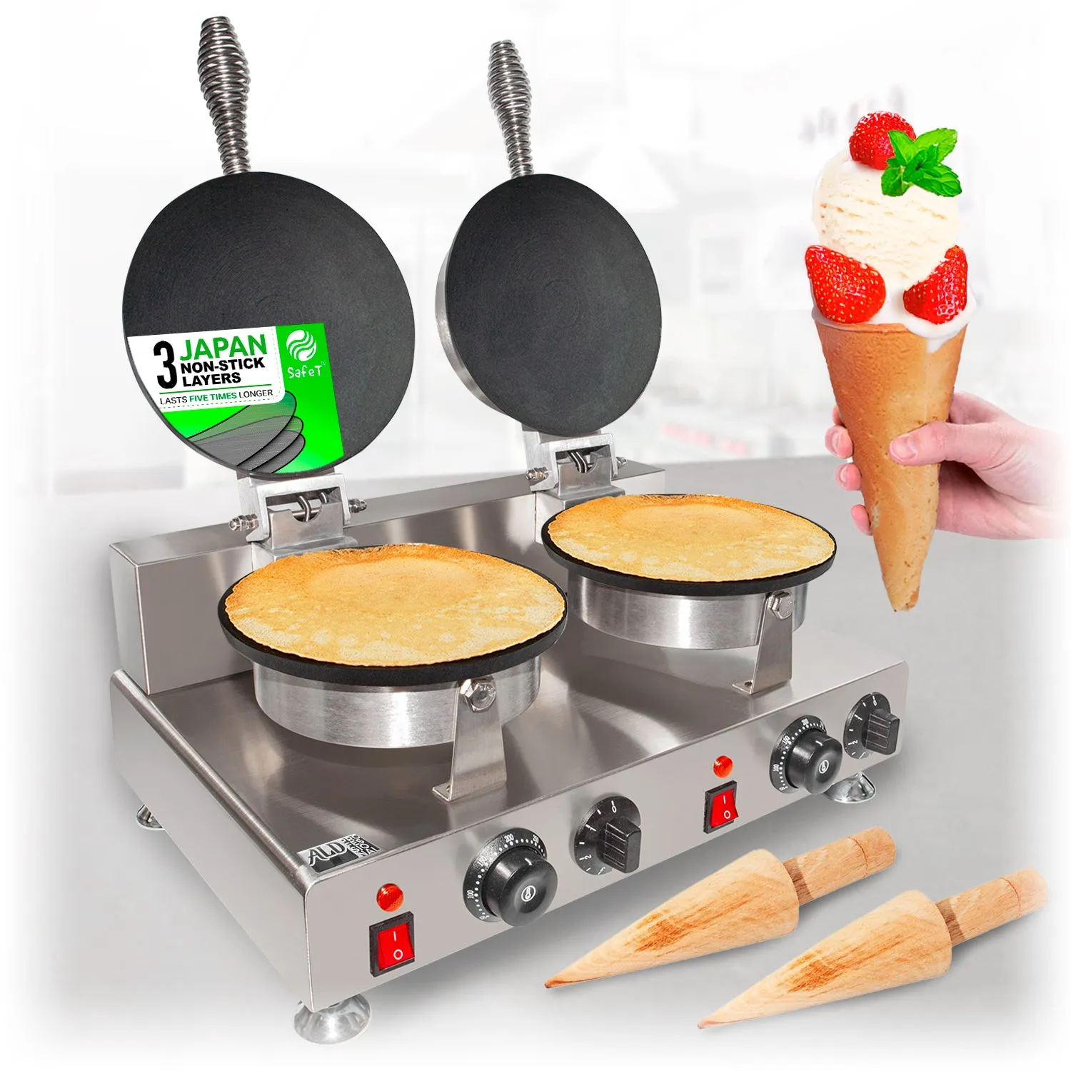 ALDKitchen Waffle Cone Maker | Ice Cream Waffle Cone Iron | Commercial Flat Waffle Cone and Egg Rolls Machine | Nonstick