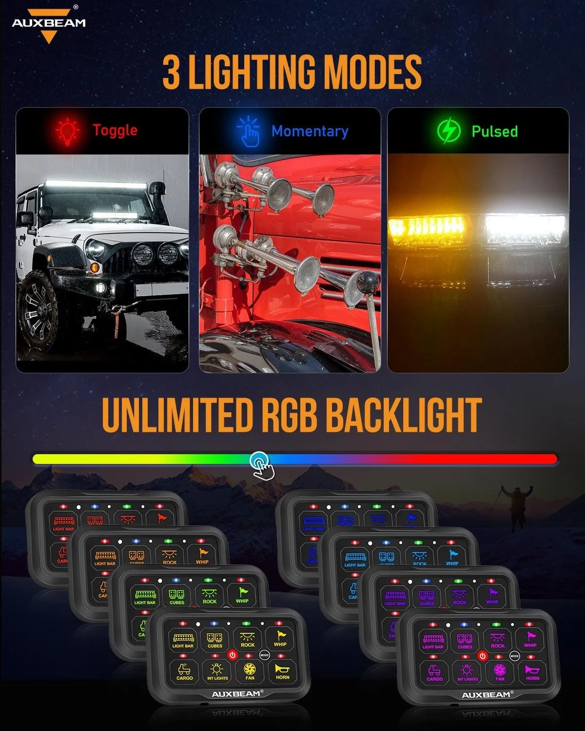 AR-800 Multifunction RGB Switch Panel with Bluetooth Controlled & 47 Inch Extension Cable(Optional) for JEEP