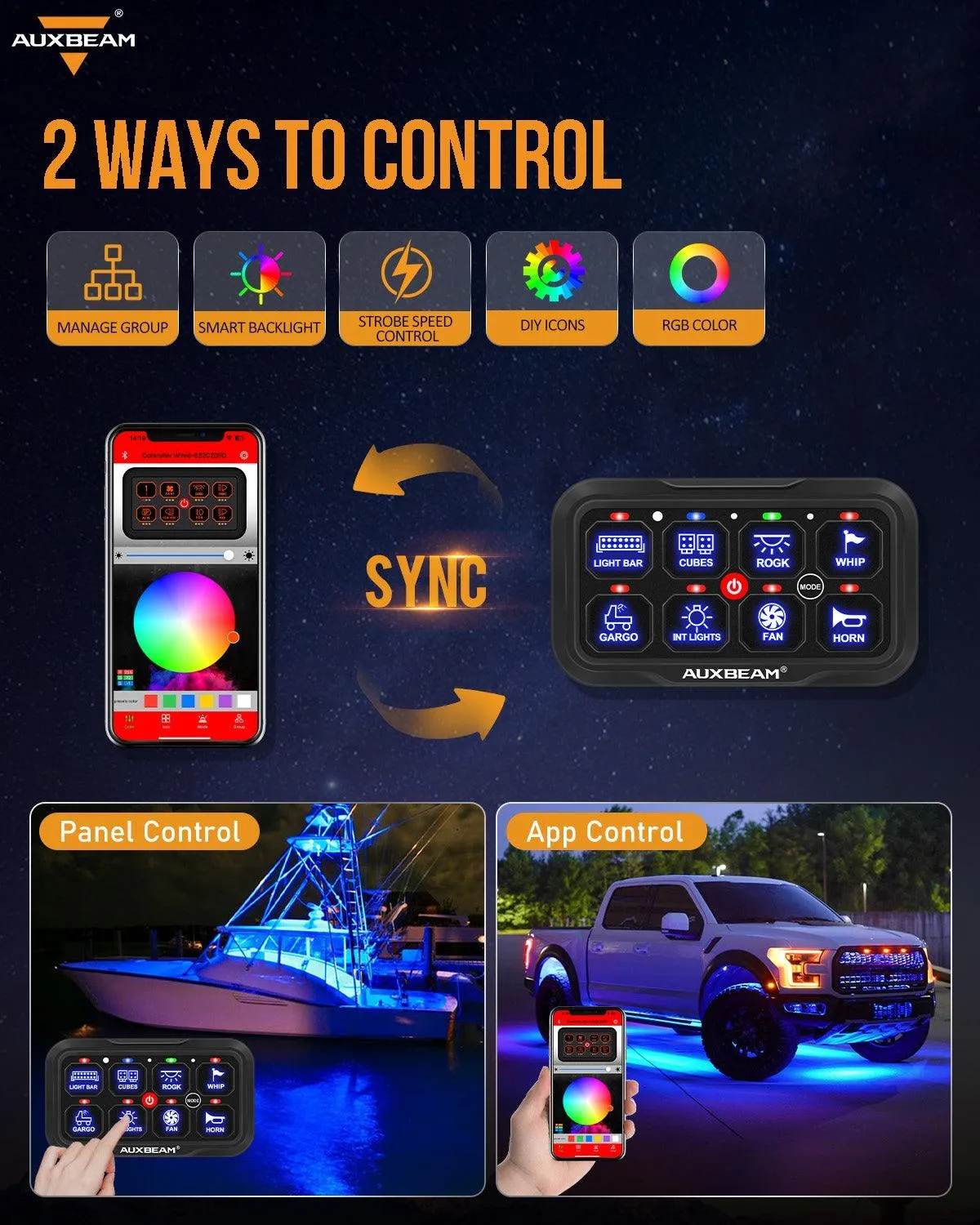 AR-800 Multifunction RGB Switch Panel with Bluetooth Controlled & 47 Inch Extension Cable(Optional) for JEEP