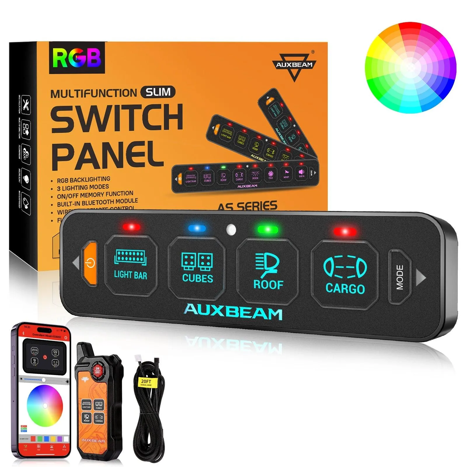 AS Series 4/6 Gang RGB Slim Switch Panel with APP&Remote Control, Toggle/ Momentary/ Pulsed Mode Supported(One-Sided Outlet)