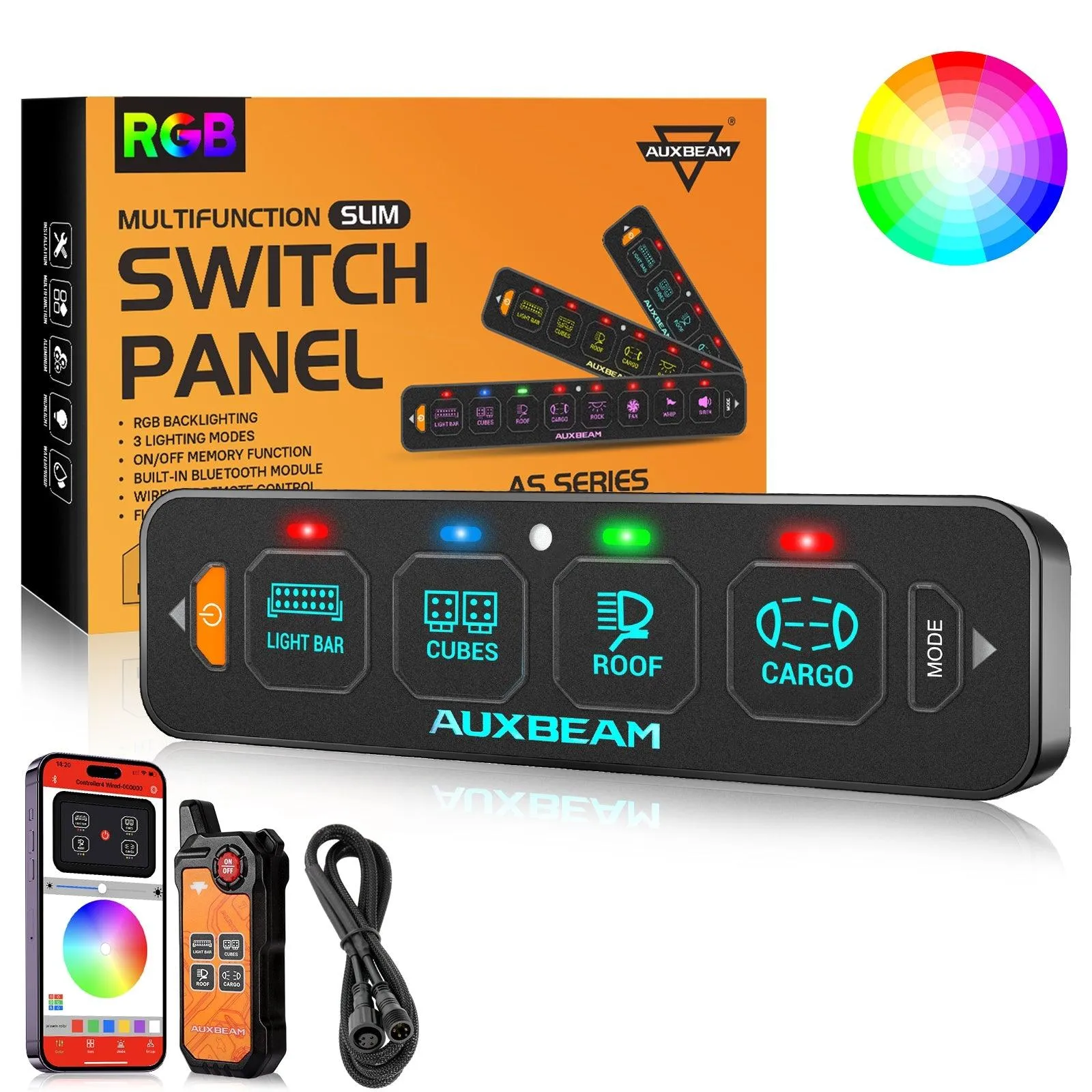 AS Series 4/6 Gang RGB Slim Switch Panel with APP&Remote Control, Toggle/ Momentary/ Pulsed Mode Supported(One-Sided Outlet)