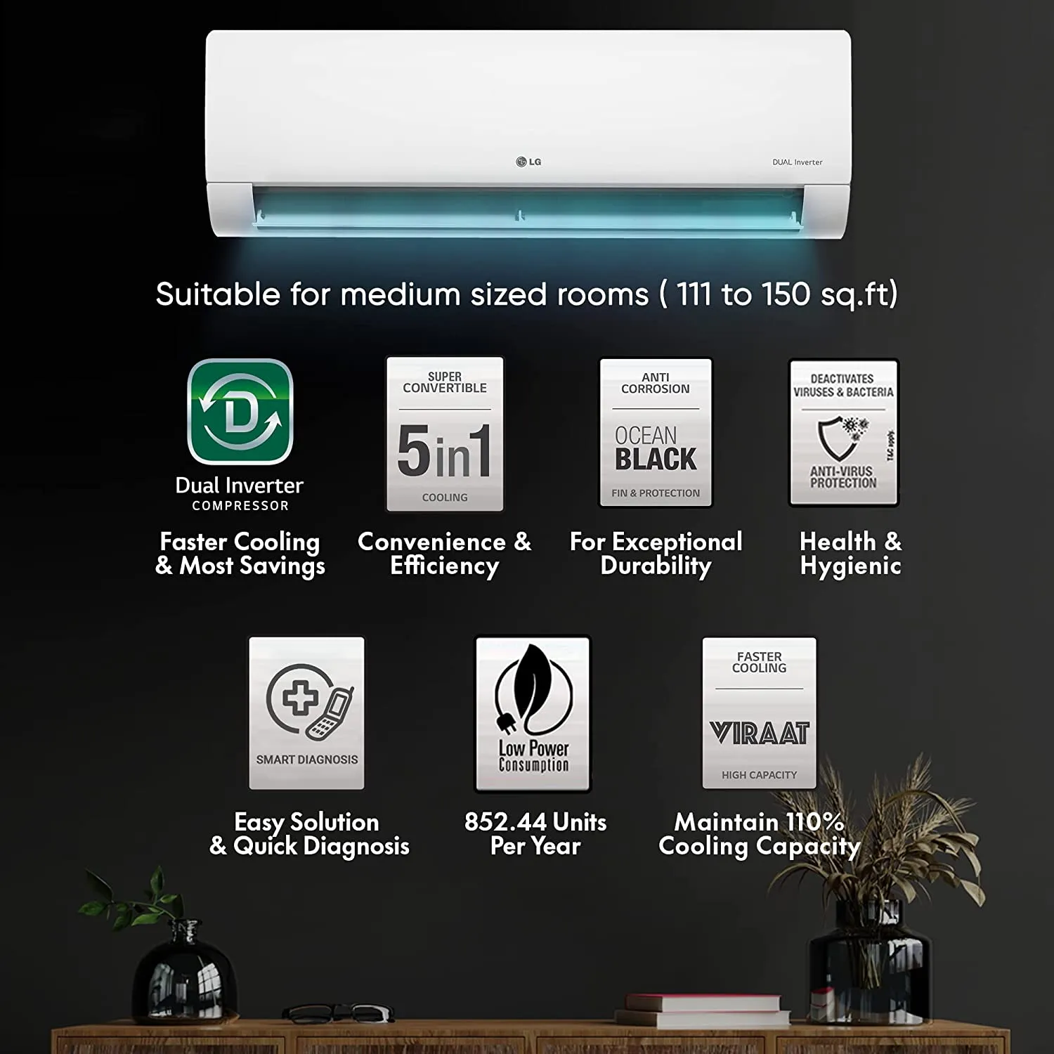 LG 1.5 Ton 3 Star DUAL Inverter Split AC (Copper, Super Convertible 5-in-1 Cooling, HD Filter with Anti-Virus Protection, 2023 Model