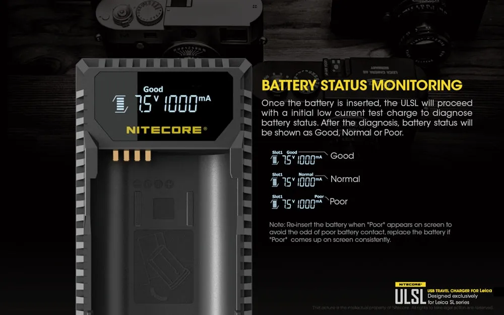 Nitecore ULSL Digital USB Travel Battery Charger for Leica BP-SCL4 Camera Batteries