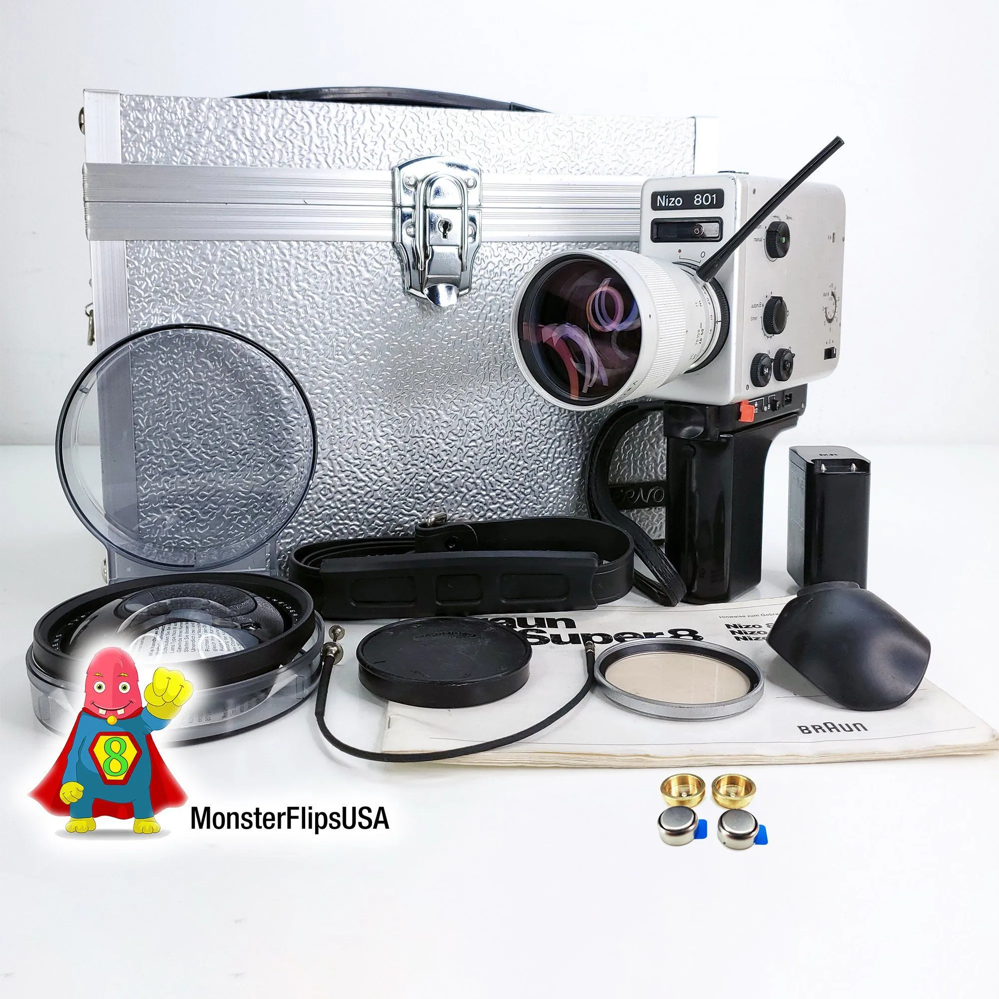 Nizo 801 Super 8 Camera Ultimate Bundle with Aluminum Case, Ultra Wide Nizo III Lens  and much more!