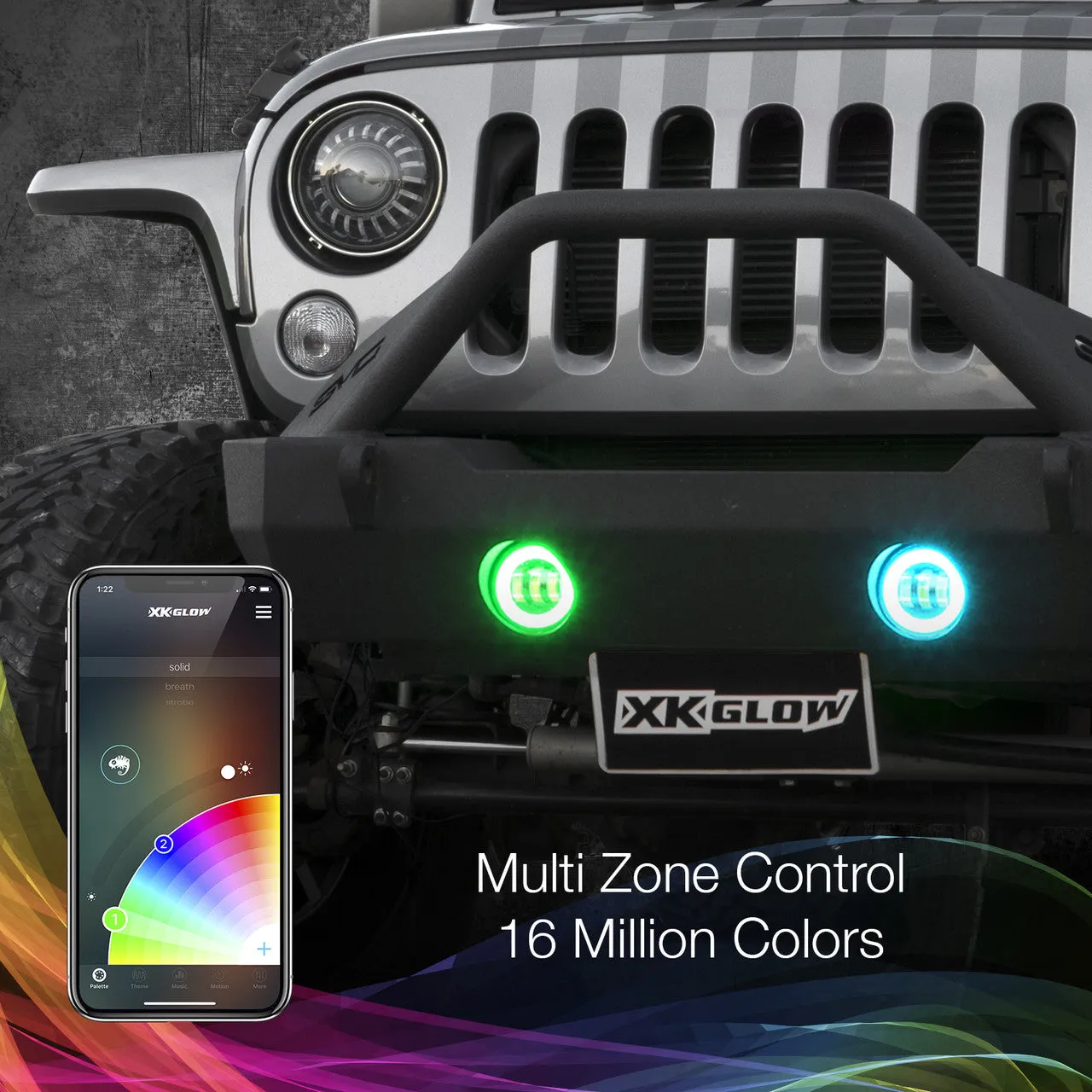 XKGlow 4" Black RGB LED Fog Light w/ XKchrome Bluetooth App Controlled Kit - Jeep Wrangler JK or JL