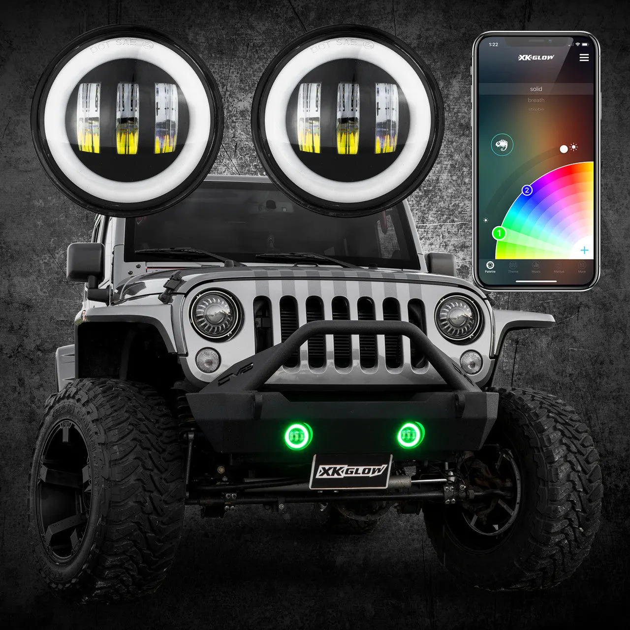 XKGlow 4" Black RGB LED Fog Light w/ XKchrome Bluetooth App Controlled Kit - Jeep Wrangler JK or JL