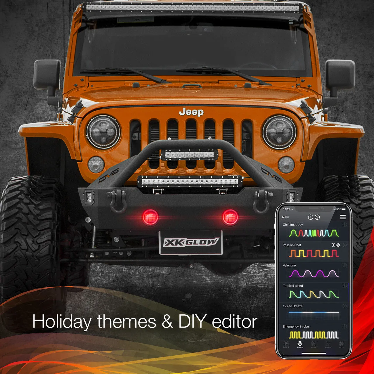 XKGlow 4" Black RGB LED Fog Light w/ XKchrome Bluetooth App Controlled Kit - Jeep Wrangler JK or JL