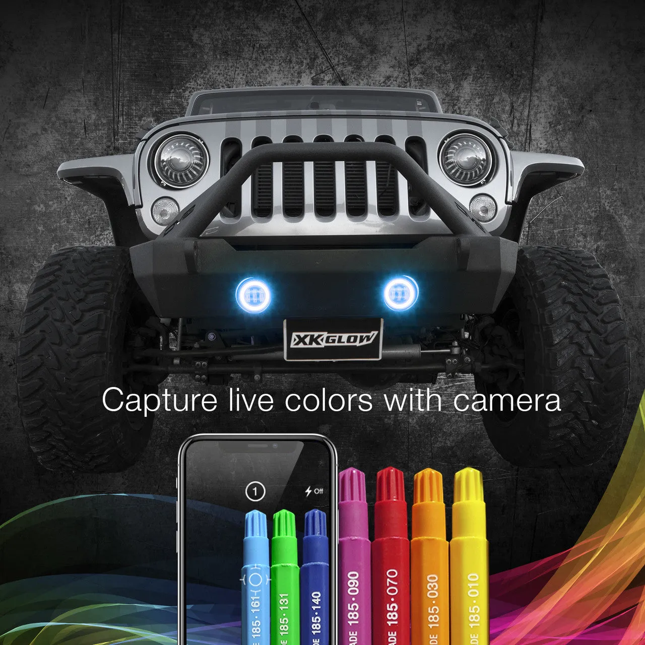 XKGlow 4" Black RGB LED Fog Light w/ XKchrome Bluetooth App Controlled Kit - Jeep Wrangler JK or JL